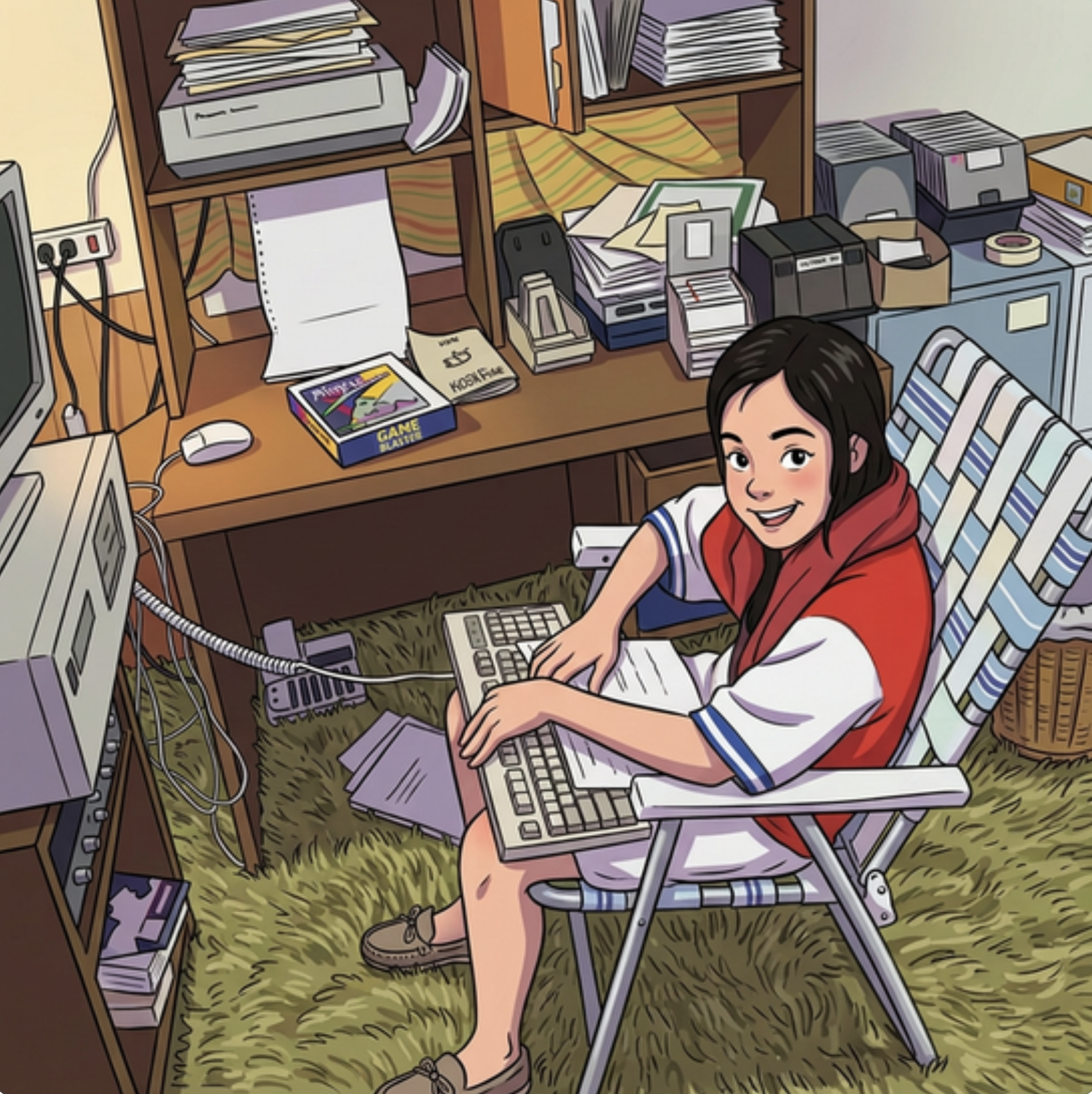 child in folding chair at 1980's personal computer